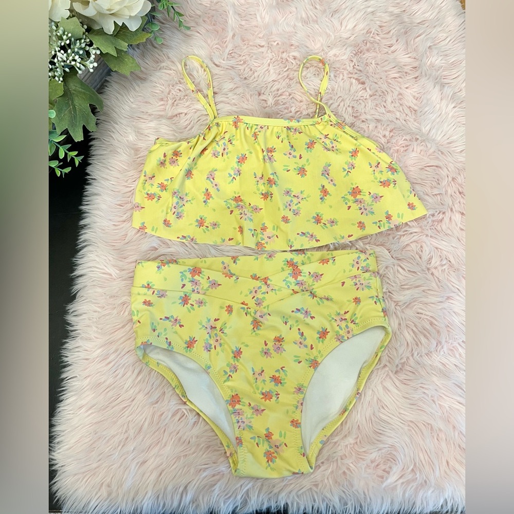 OshKosh B’gosh Yellow Ditsy Floral Ruffle 2 Piece Hi Waisted Bikini Sz 14 Girls‎